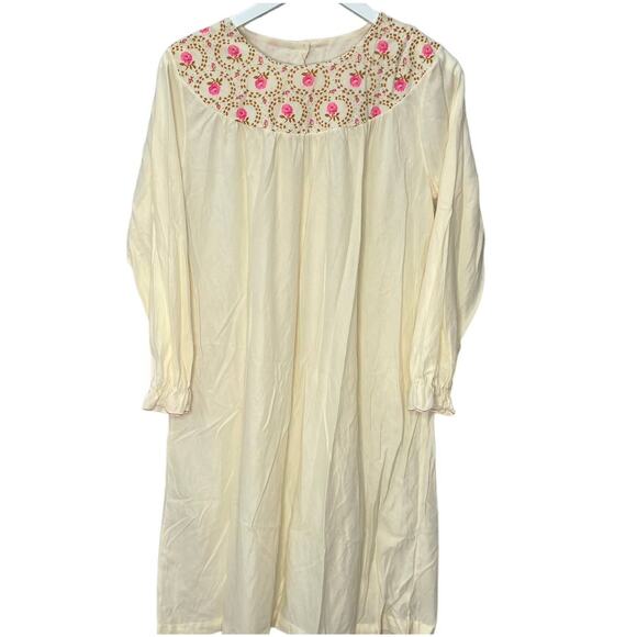 Vintage Prom'n Nod Long Sleeve Short Nightgown Beige Floral 60s Nylon Blend M - Picture 1 of 8